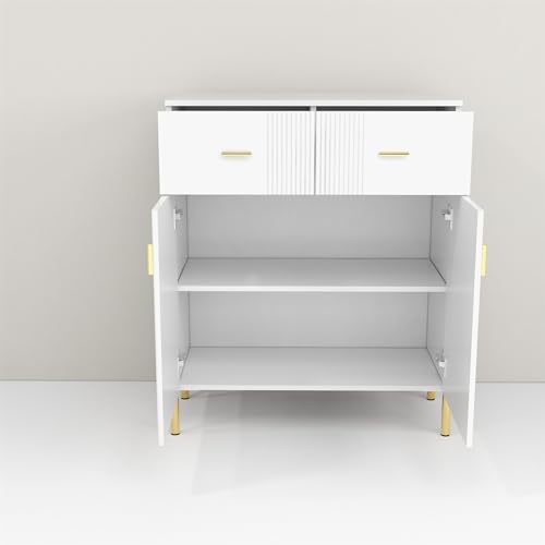 2 Door Sideboard Floor Storage with 2 Drawers and Shelves Buffet Cabinet Perfect for Living Room, Kitchen, Home Office, Entryway, Elegant White Finish