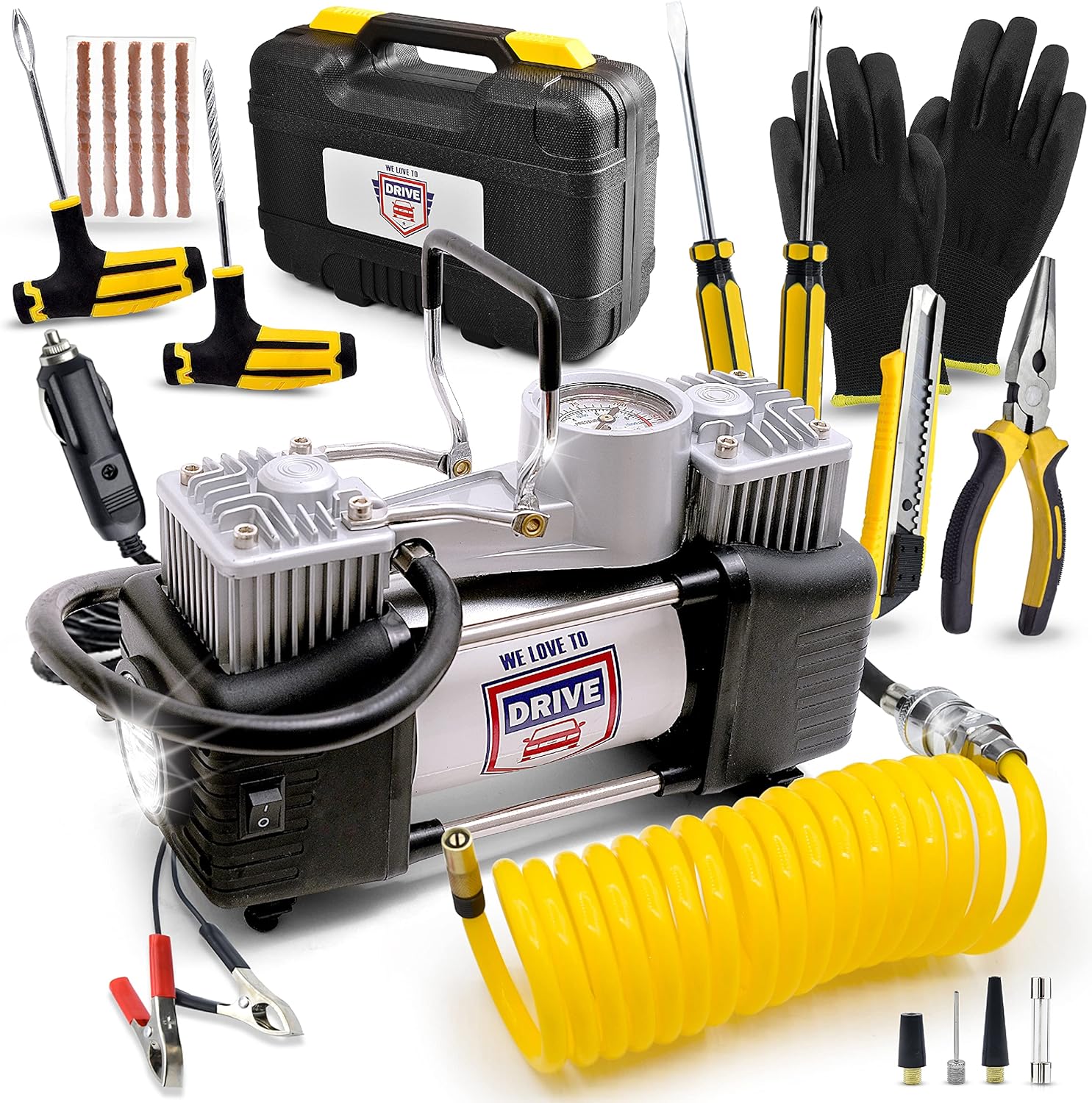 Air Pump and Tire Repair Kit �C 12V DC 150 PSI Portable Air Compressor & Car Emergency Kit with PSI Gauge, Adaptors, Hose, Car Plug, Clip Connectors, Tire Inflator & Tire Patch Kit by WE LOVE TO DRIVE