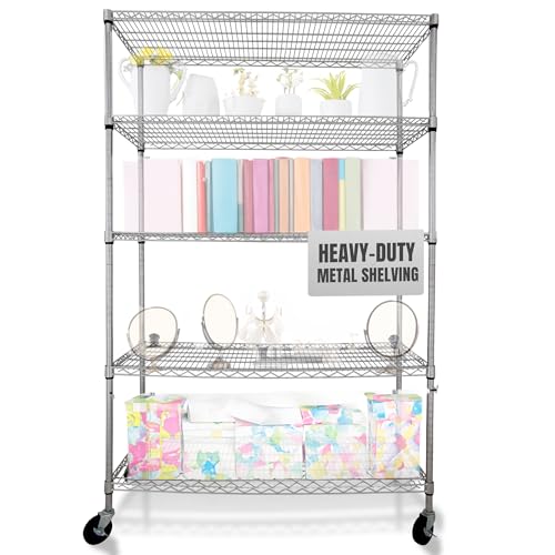 4000 LBS Heavy Duty Wire Rack 48 x 24 x 76, 5-Tier NSF Commercial Rolling Rack with Wheels, Chrome Metal Shelving Unit for Garage, Kitchen, Warehouse, Adjustable Storage Shelf, Crescent
