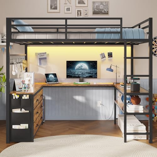 ADORNEVE Loft Bed Full Size with U-Shaped Desk, 6 Storage Drawers, Power Outlet, LED Metal Loft Bed with 2 Storage Shelves, Bed with Safety Guardrail & Ladders, No Box Spring Needed, Rustic Brown