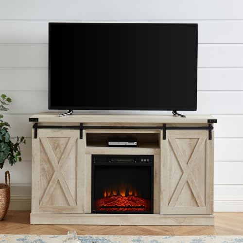 JYED Farmhouse Electric Fireplace TV Stand with Sliding Barn Door for TVs up to 60",White Oak Entertainment Center with Remote Control,Cable Hole,Adjustable Shelves for Living Room.54"x15.5"x31"