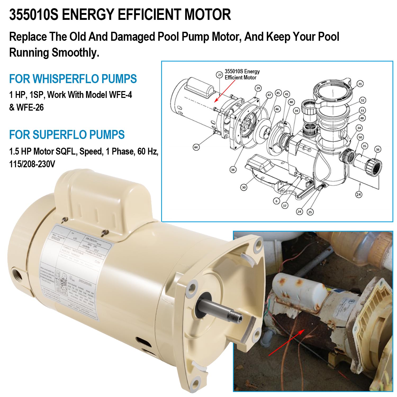 355010S Pool Pump Motor Energy Efficient Pool Pump Replacement Motor Parts for WhisperFlo High Performance Pool Pumps WFE-4 & WFE-26, 1 HP, 115/208-230 Volts, 1 Speed, SF/WF, Square Flange Pool Motor