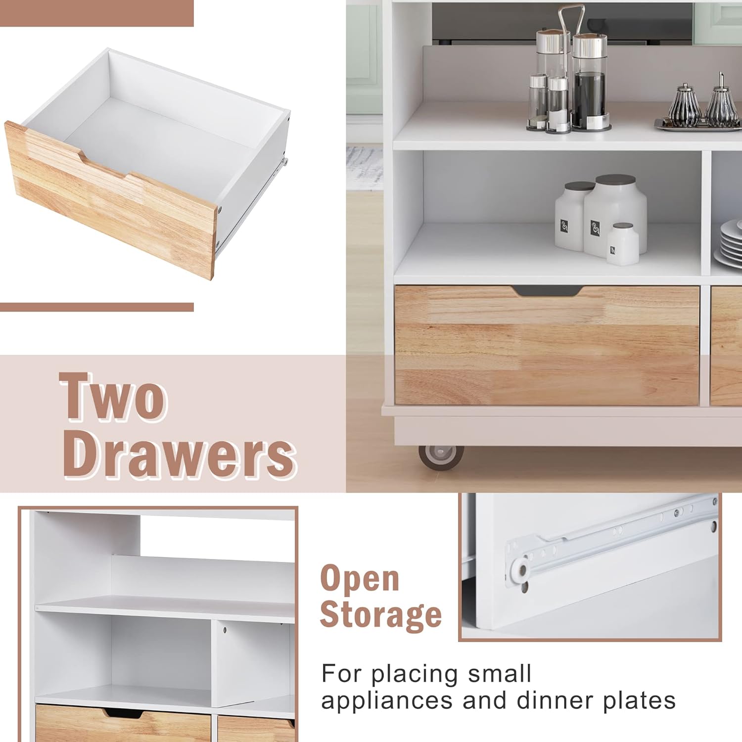 Rolling Kitchen Island with Storage, Two-Sided Kitchen Island Cart on Wheels with RubberWood Top,Wine and Spice Rack, Large Kitchen Cart with 2 Drawers, 3 Open Compartments, White