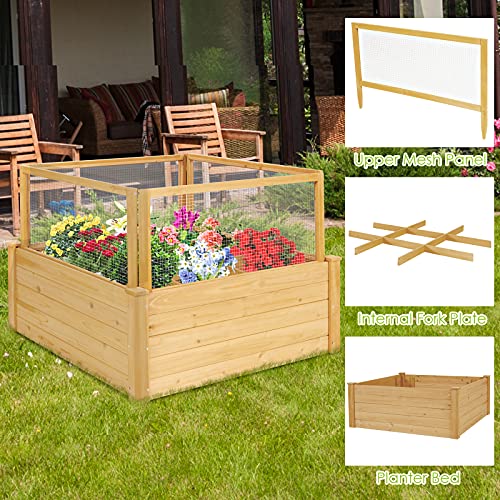 Giantex Raised Garden Bed with Fence, Wood Planter Raised Bed with Critter Guard Fence, 9 Grids Plant Container, Outdoor Plant Box for Garden Patio Backyard Balcony (42" Lx42 Wx32.5 H)