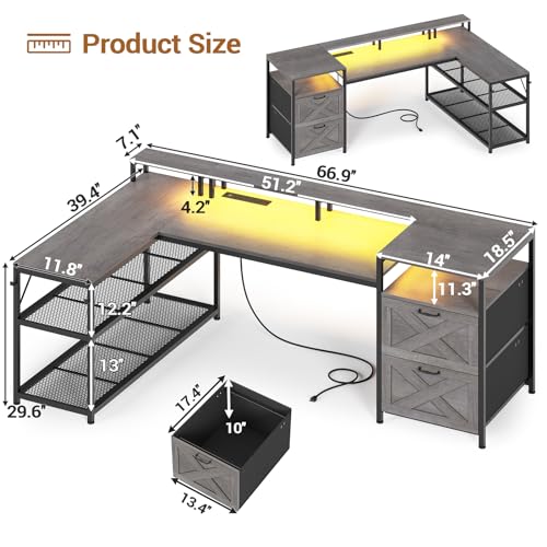 SEDETA 67" L Shaped Desk with Drawers, Computer Office Desk with Storage Shelves & Power Outlet, Reversible Gaming Desk with LED Lights for Home Office, White