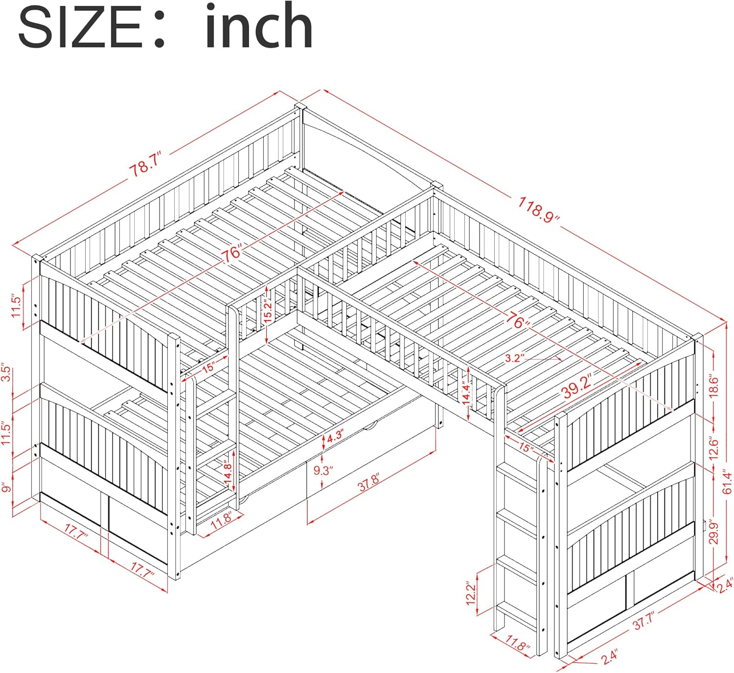 L Shape Corner Bunk Bed Triple, Loft Bed with 2 Drawers, Multifunctional Storage Loft Bed, Bunk Bed, Double Loft Bed for Bedroom, Space Saver, Bedroom Furniture suit for 3 Kids, Teens, white