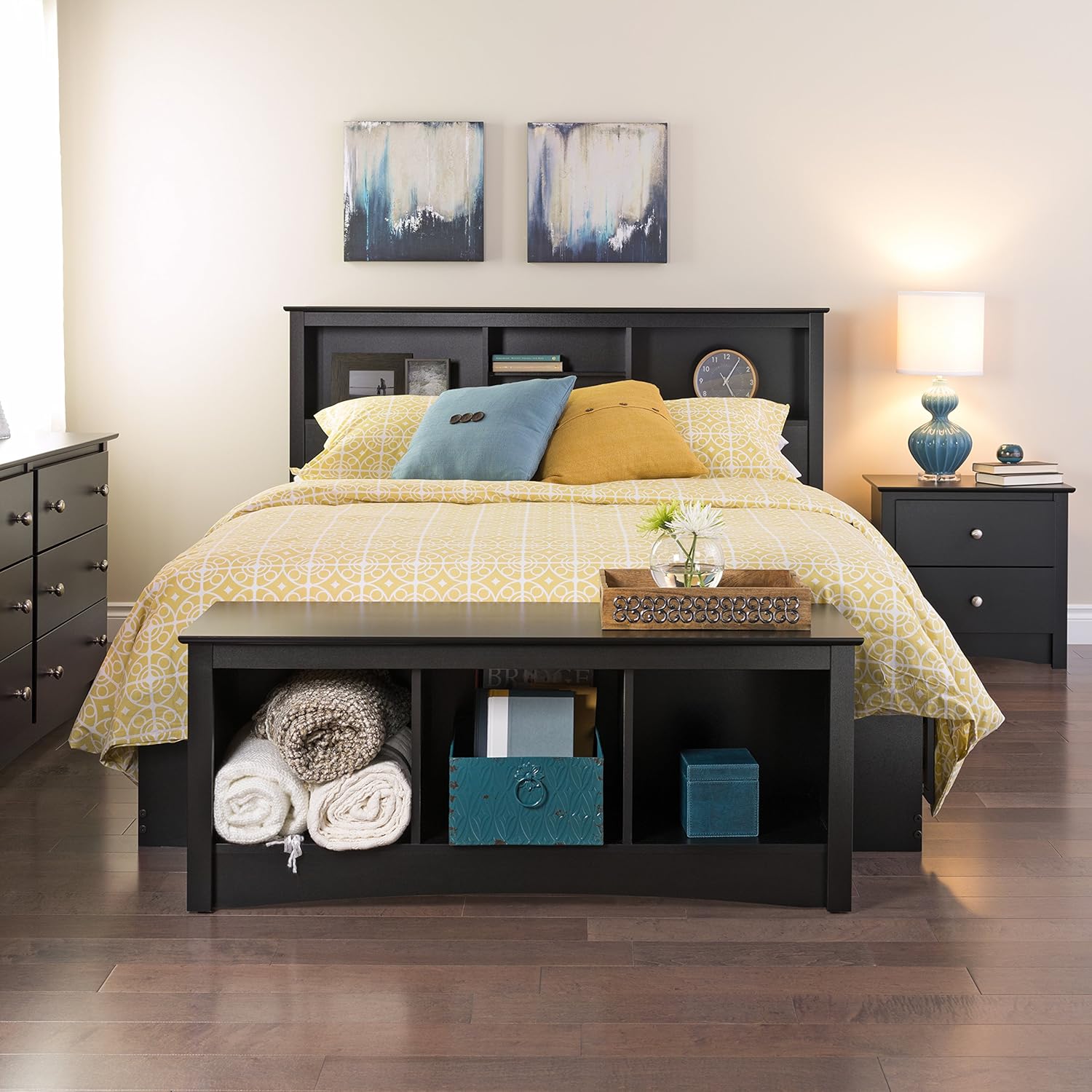 Prepac Full Mate's Platform Storage Bed with 6 Drawers, Black Freestanding Full/Queen Headboard with Bookcase