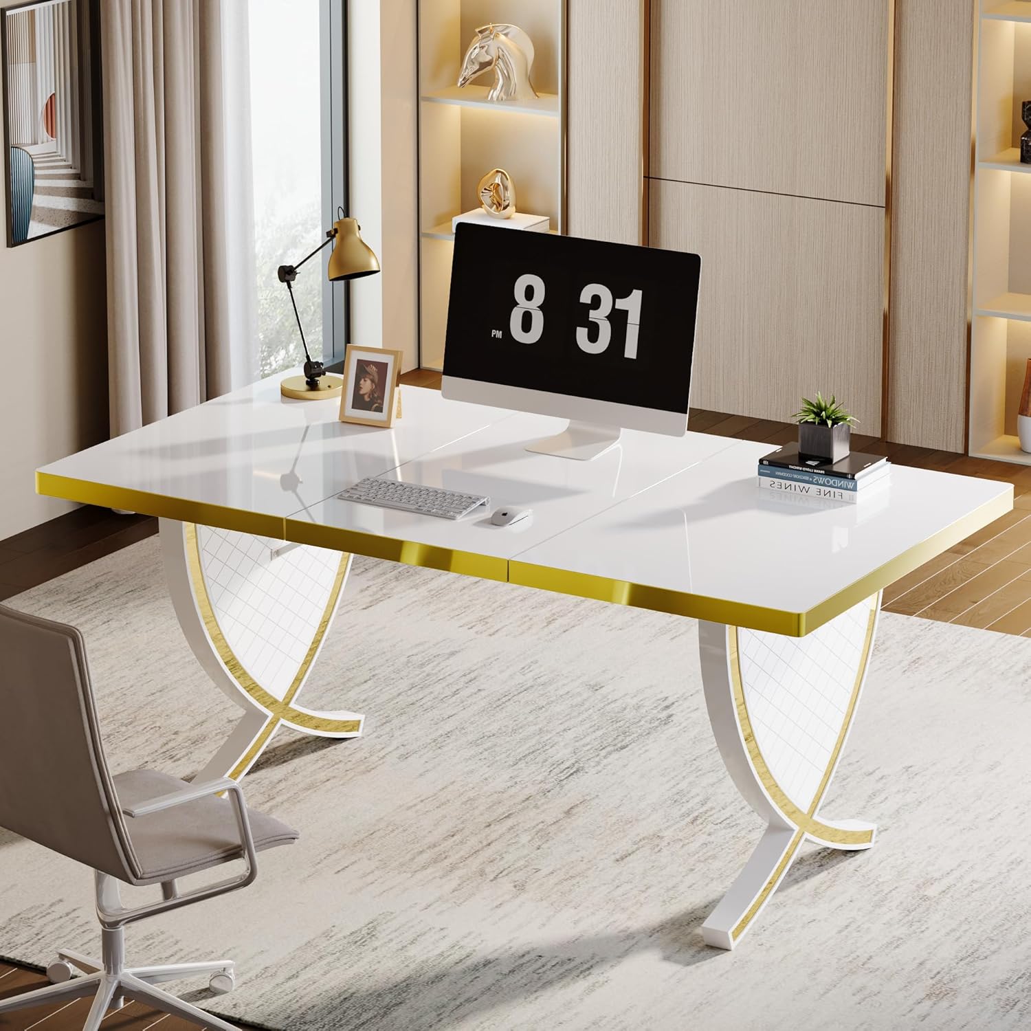 Tribesigns 63" Modern Executive Desk, Large Office Desk with Thickened Frame, Glossy Computer Desk Writing Desk Study Table for Home Office, White & Gold