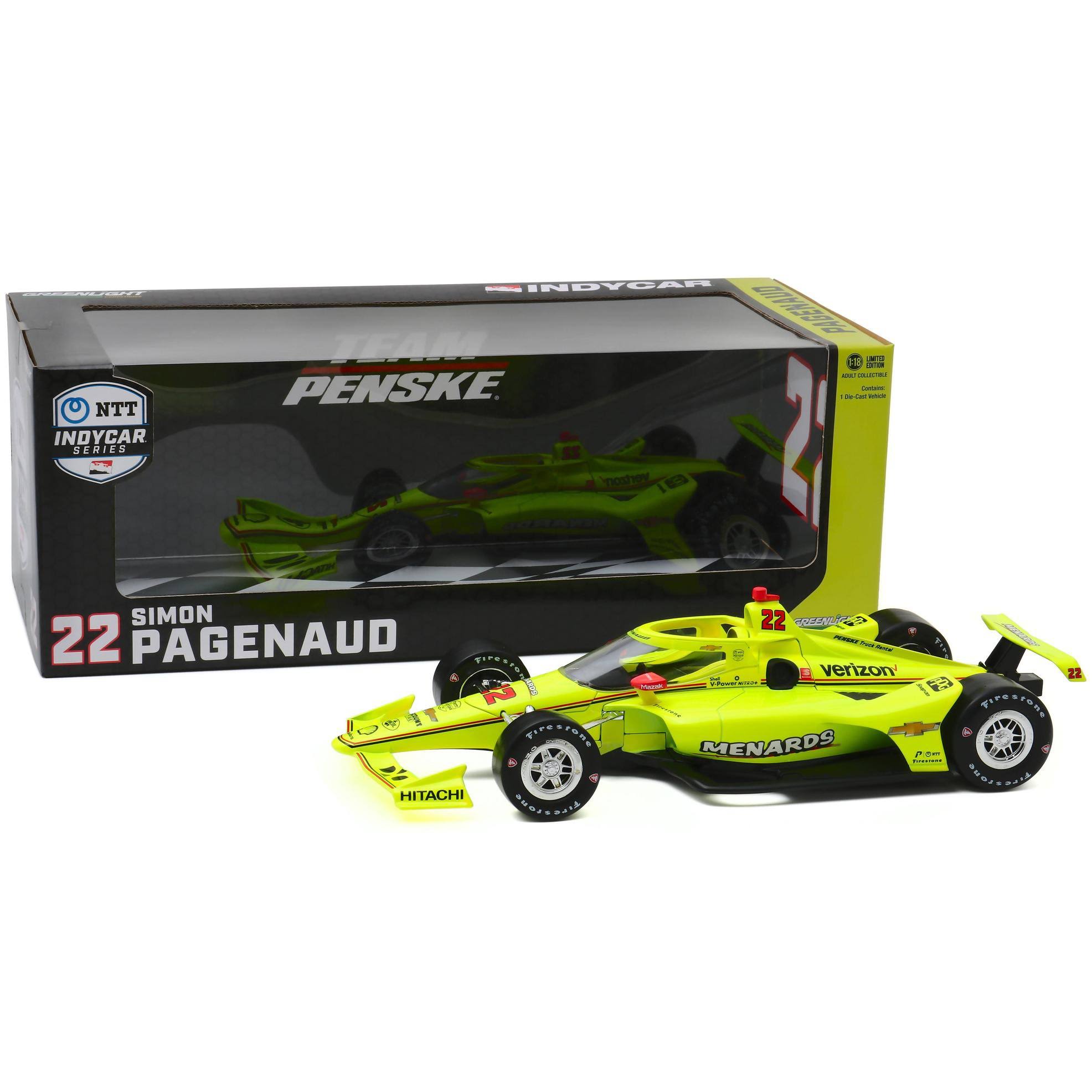 Dallara IndyCar #22 Simon Pagenaud Menards Team Penske NTT IndyCar Series (2020) 1/18 Diecast Model Car by Greenlight