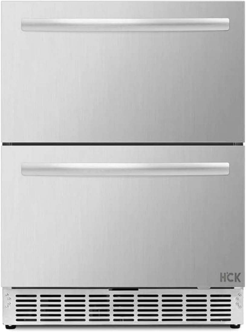 24 Inch Under Counter Refrigerator, Stainless Steel Built-in Freestanding Double Drawers Fridge, Beverage Fridge Refrigerator, Digital Display Weatherproof for Outdoor Commercial Home Use