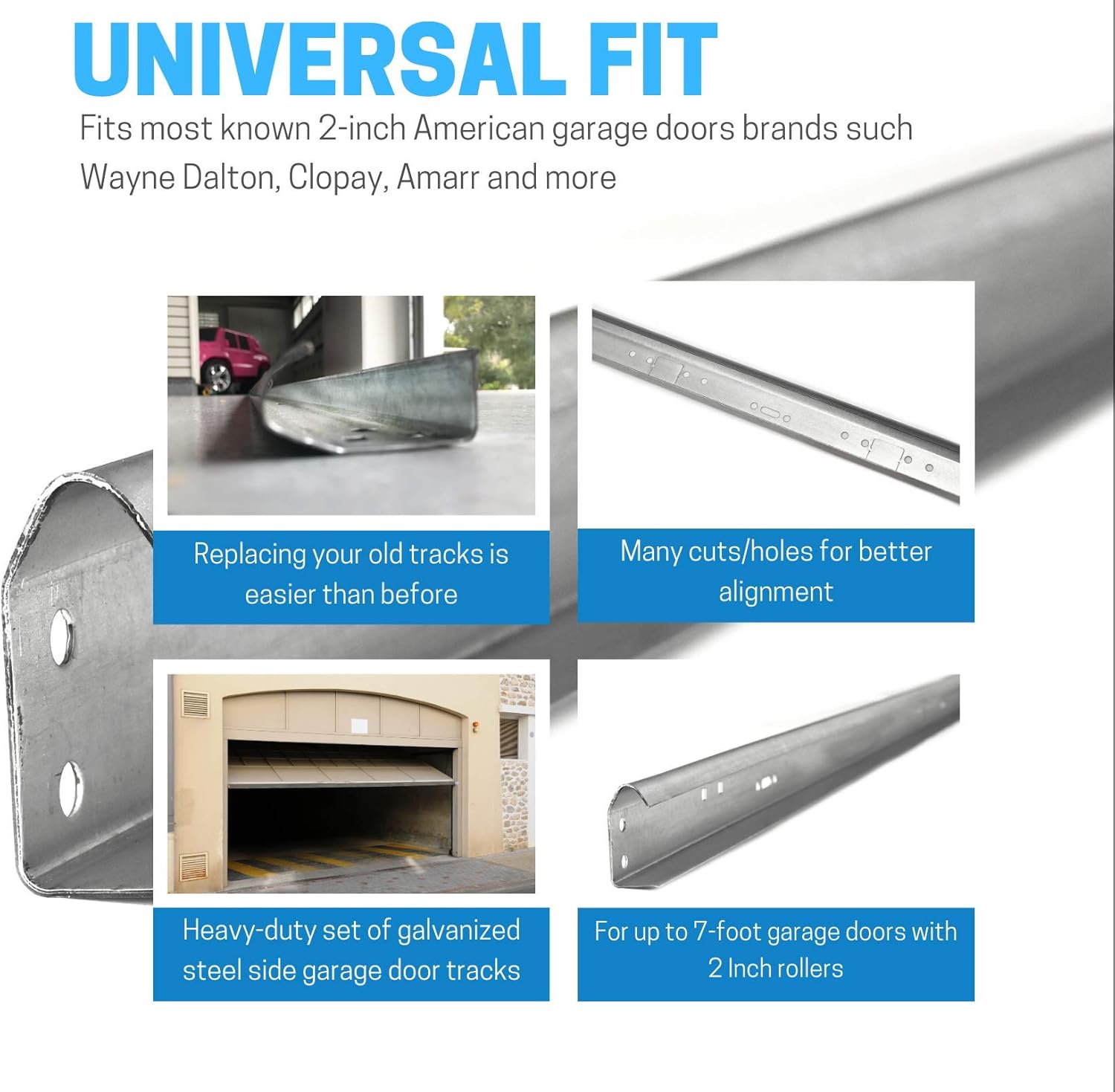 Garage Door Vertical Track Replacement �C Set of Left and Right for 7 Foot Tall - Garage Door Rails Galvanized Steel Hardware Door Rails for Residential/Light Commercial Side Tracks for 2-inch Rollers