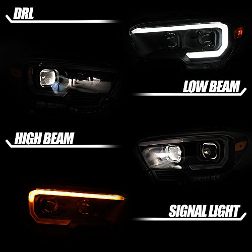 AKKON - For NEW Sequential LED Tube Design Black 2016-2023 Toyota Tacoma SR/SR5 Dual Square Projector Headlights