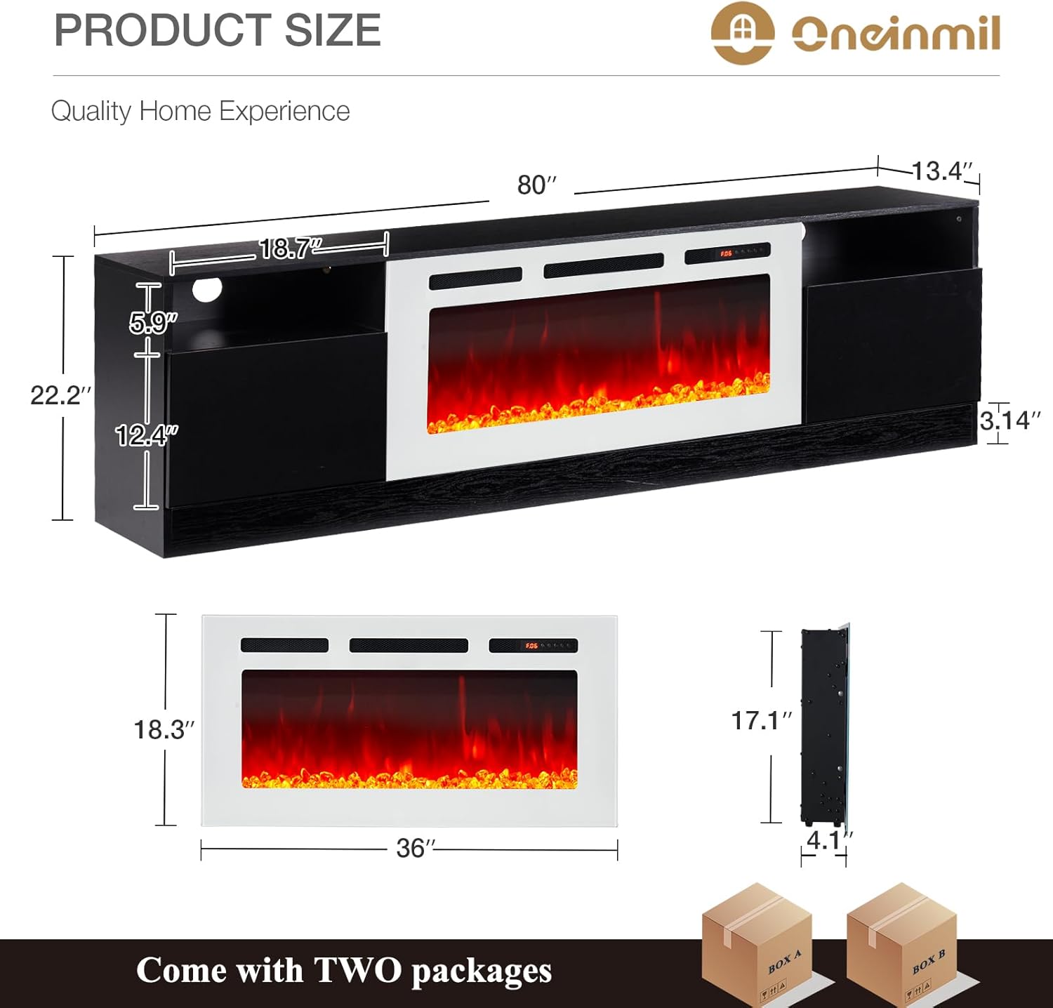 oneinmil Fireplace TV Stand with 36" Electric Fireplace, LED Light Entertainment Center with Modern Wood Texture, Highlight Storage Cabinet for TVs Up to 90", 79 inches, Black