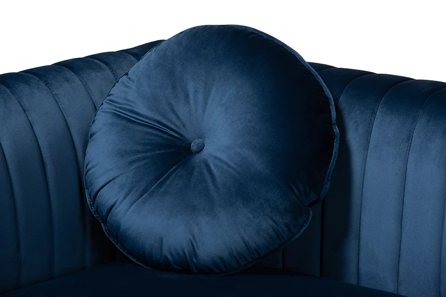 Baxton Studio Giselle Navy Blue Velvet Gold Finished Sectional Sofa