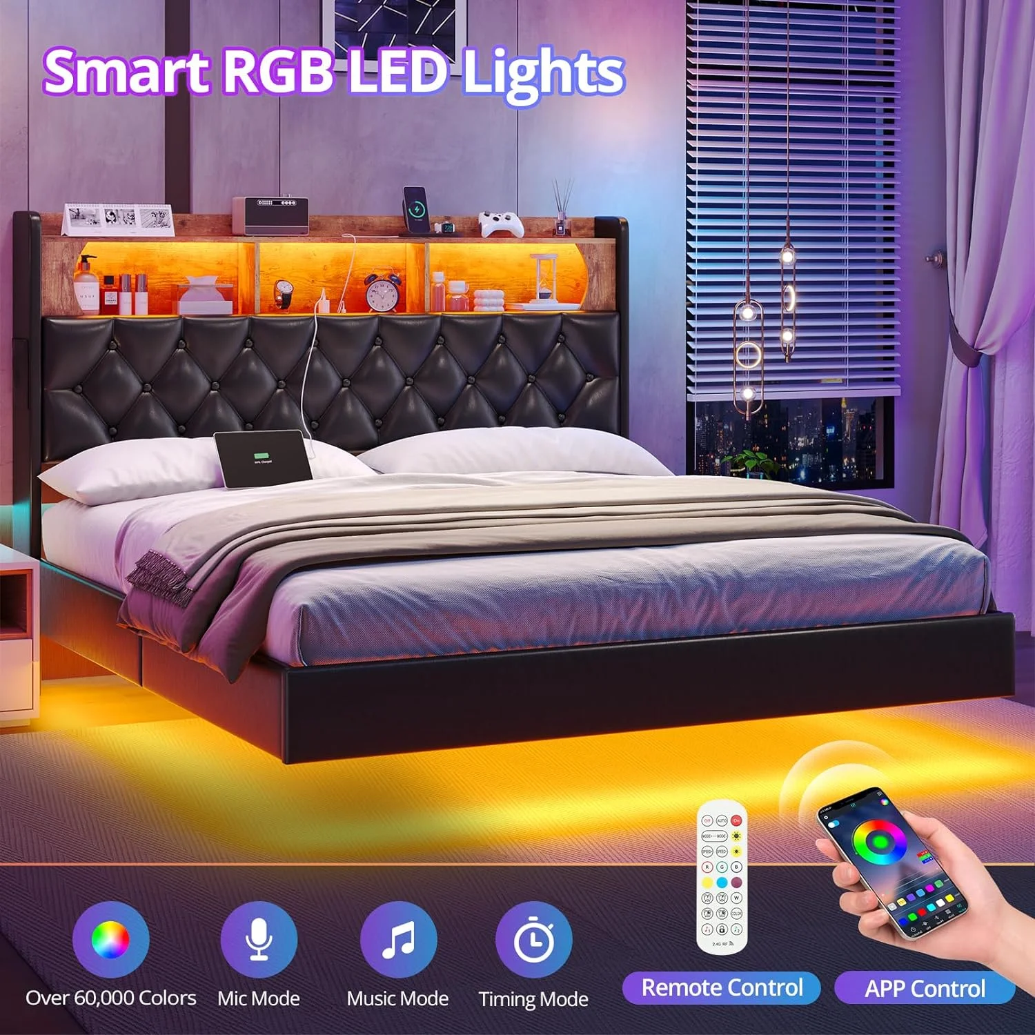 Full Size Floating Bed Frame with LED Light&Charging Station, Upholstered Platform Bed with Storage Headboard, Noise-Free, Black - Curated Treasures Market