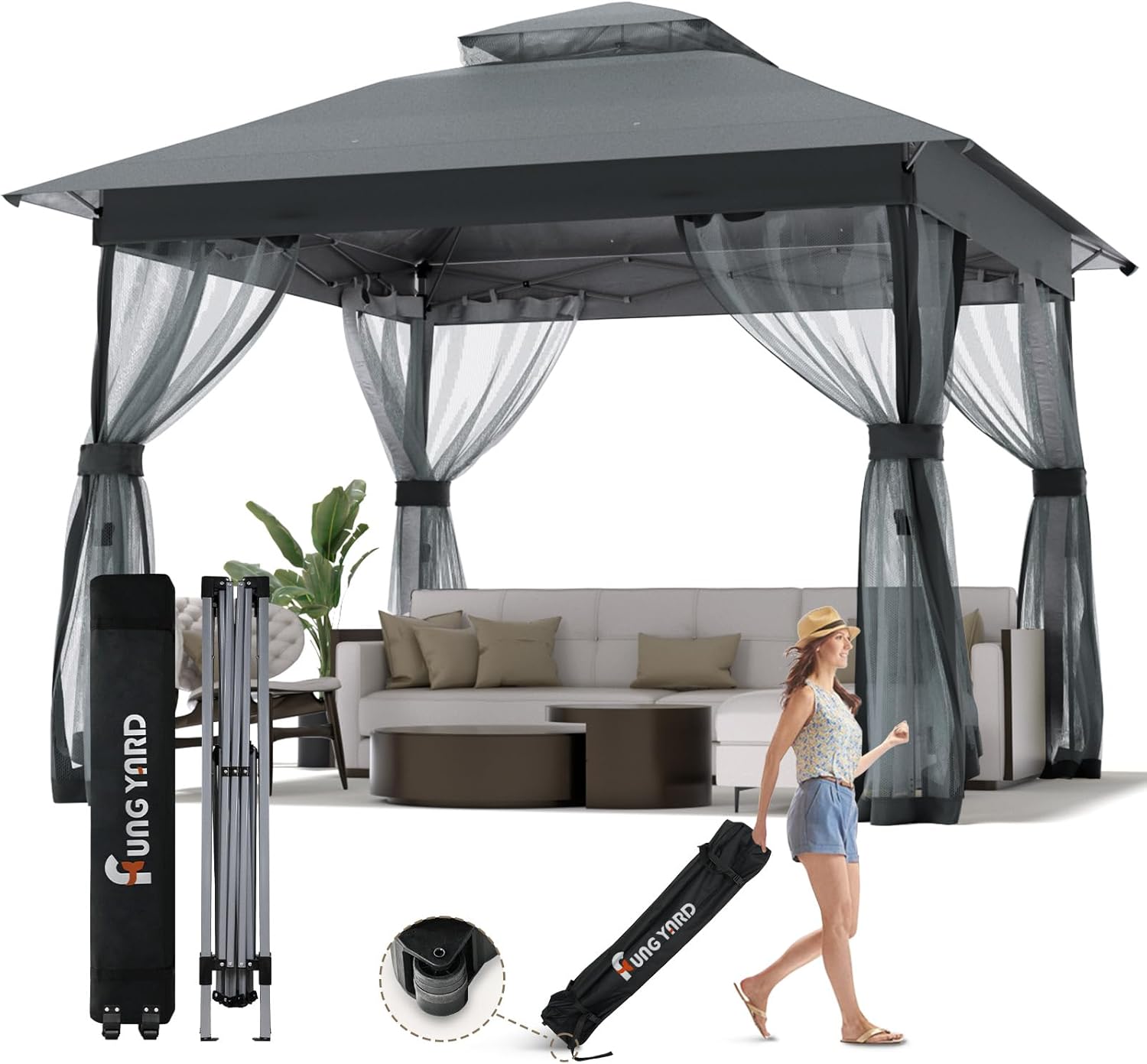 10x10 Outdoor Pop Up Gazebo - Instant Canopy Tent with Mosquito Nettings, Double Roof Vented Gazebo Canopy Shelter for Backyard Shade Party Garden Lawns (10x10ft Grey)