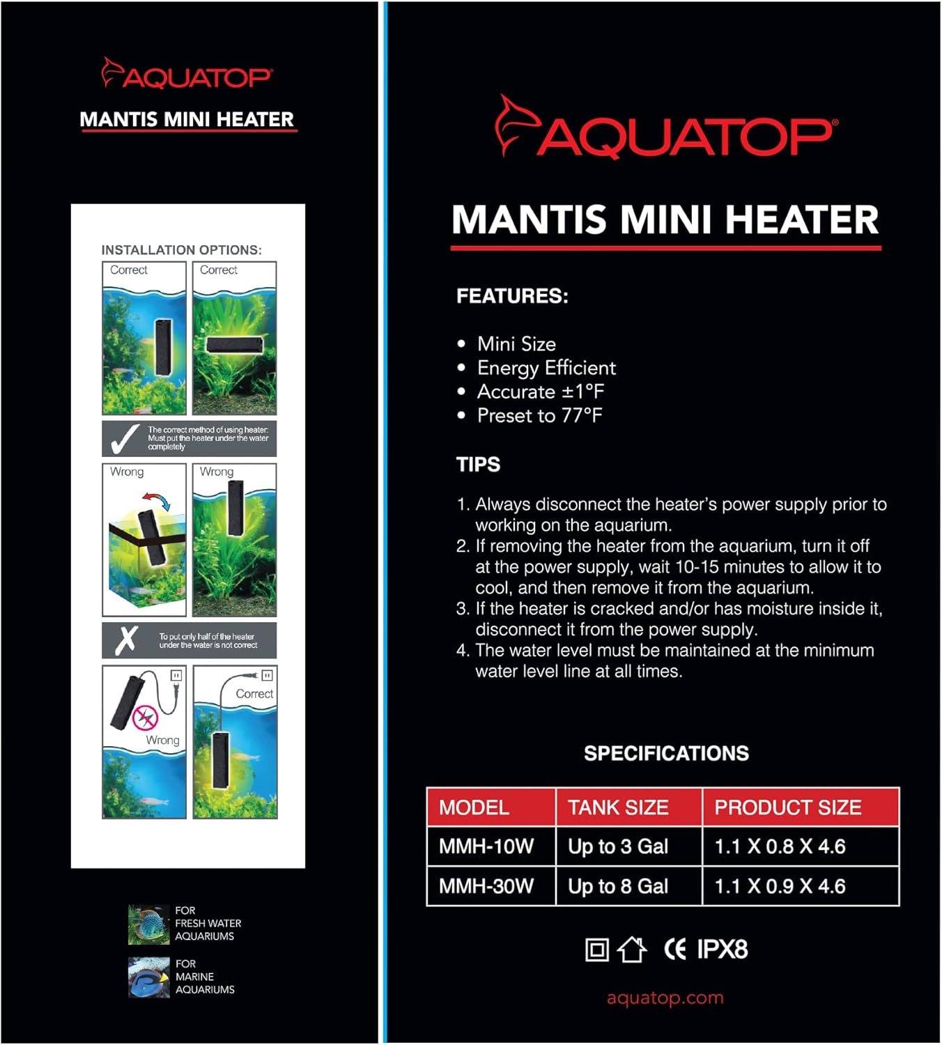 Aquatop Veritcal Bowfront 8 Gallon Glass Aquarium w/Filtration Cartridges & Mini Fish Tank Heater