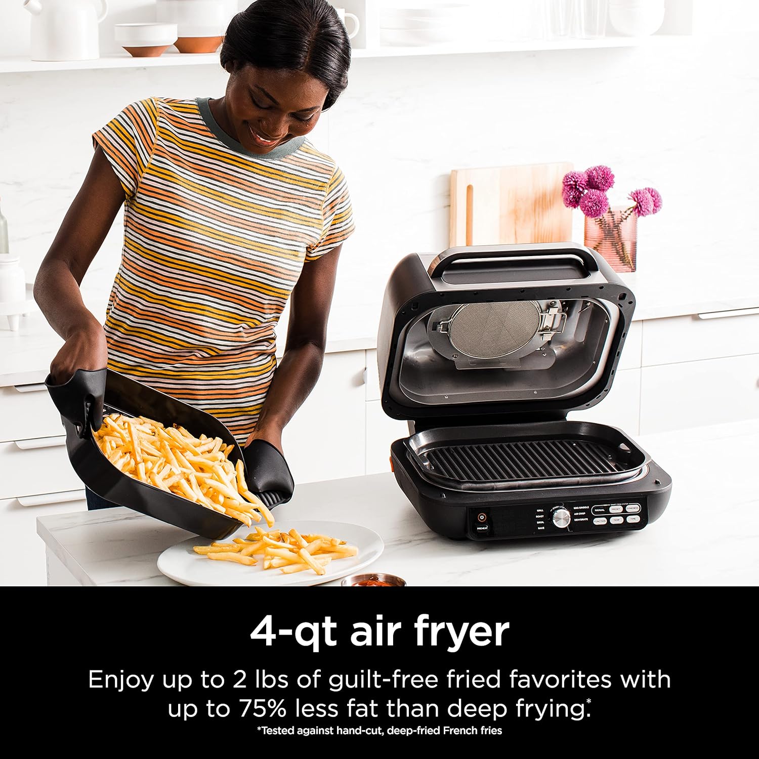 Ninja IG651 Foodi Smart XL Pro 7-in-1 Indoor Grill/Griddle Combo, use Opened or Closed, Air Fry, Dehydrate & More, Pro Power Grate, Flat Top, Crisper, Smart Thermometer, Black