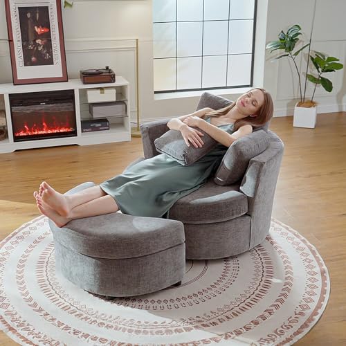 Chair and A Half with Ottoman, 360° Swivel Accent Barrel Chair Modern Comfy Round Reading Sofa Swivel Chairs Circle Lounge Chair for Bedroom Living Room w/4 Pillow Lower Seating Heigh (White, Large)
