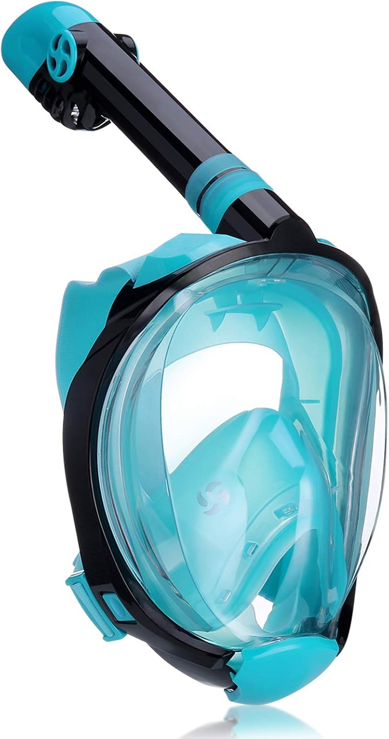 QingSong Full Face Snorkel Mask, Snorkeling Gear with Camera Mount, Foldable 180 Degree Panoramic View Anti-Fog Anti-Leak, Snorkeling Set for Kids and Adults