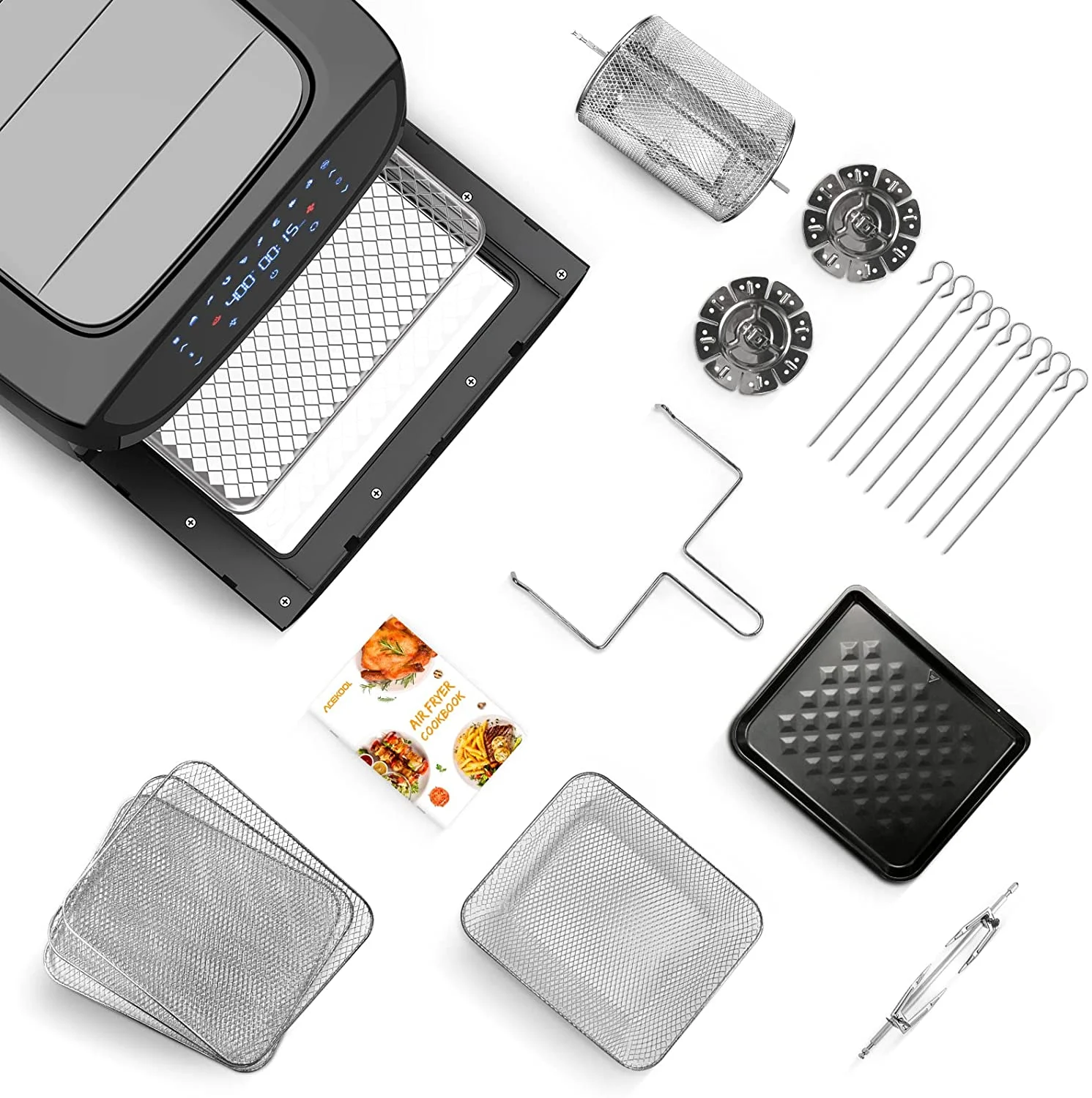 Air Fryer Oven 10-in-1, 20QT Acekool Large Airfryer Toaster Oven Combo 1800W Air Fryers with Rotisserie and Racks, Dehydrator, LED Digital Screen, 9 Accessories and Recipe Cookbook