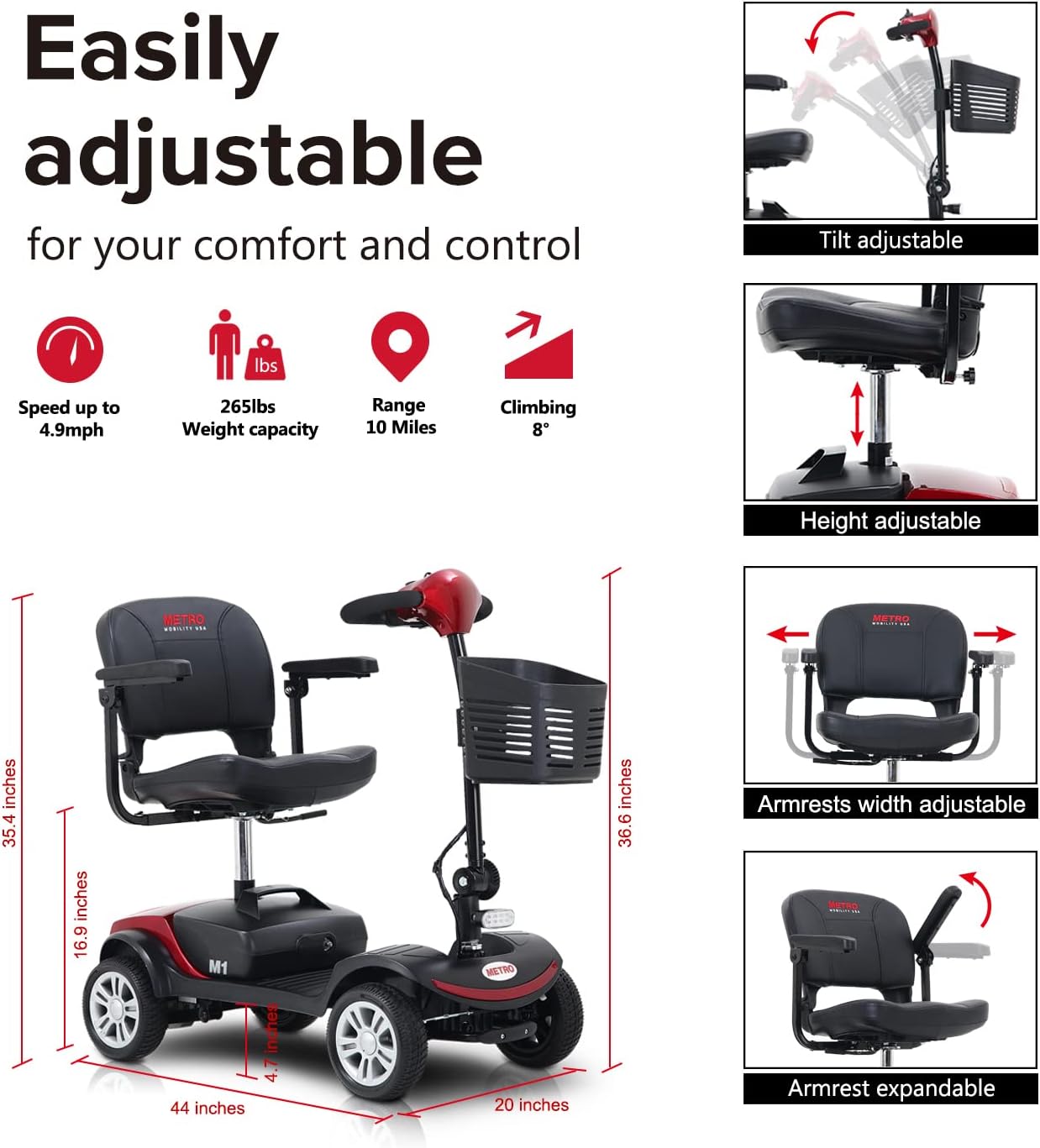 Mobility Scooter Delivers 4 Wheel with Head Light- Max Speed 5 Mph, Max Load 265lbs,Adults Electric Medical Scooter , Lightweight and Compact for Travel(Black Whit Head Light)