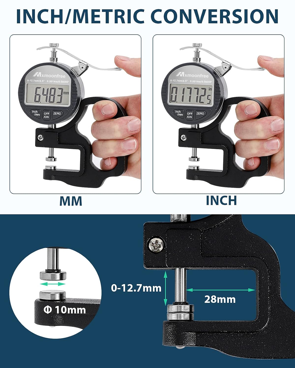 Mxmoonfree Digital Thickness Gauge 0.001mm/0.00005 | 0-12.7mm/0.5 Electronic Micrometer Thickness Meter with LCD Display, Unit Conversion, Storage Case, Extra Battery Pack of 2