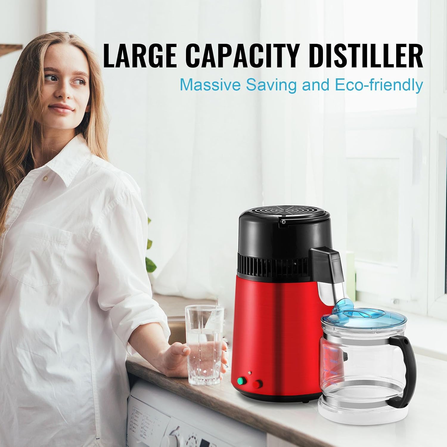 4L 1.05 Gallon Water Distiller Pure Water Purifier Filter for Home Countertop, 750W Distilled Water Maker, Stainless Steel Interior Machine to Make Clean Water, Red