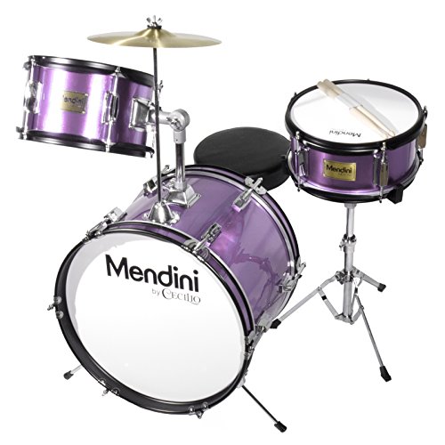 Mendini By Cecilio Kids Drum Set, 3 Piece Junior Drum Set for Beginners with Bass Tom Snare Drum, 16 inch Drum Kit with Snare, Cymbal, Drumsticks, Adjustable Seat (Metallic Red)