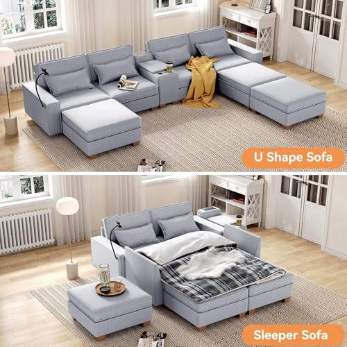 Modular Sectional Sofa, Convertible U Shaped Sofa Couch with Central Console & USB Ports, 7 Seat Modular Sectionals Couch with Chaise and Storage for Living Room, Light Grey