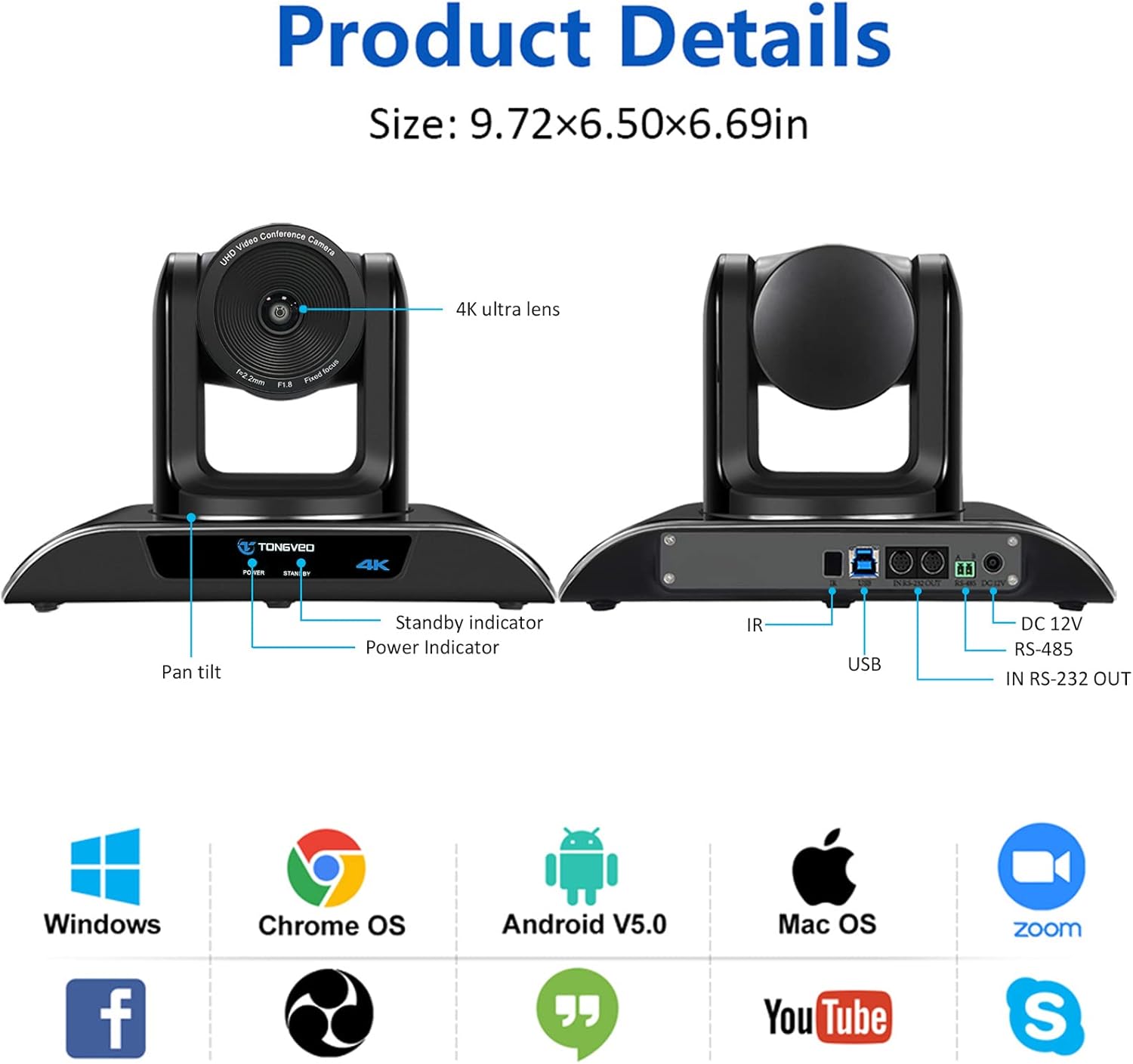 4K PTZ Webcam Video Conference Camera with 5X Digital Zoom and Remote Control USB 124-Degree Wide-Angle for Skype/Teams/Zoom Meeting Live Streaming by TONGVEO
