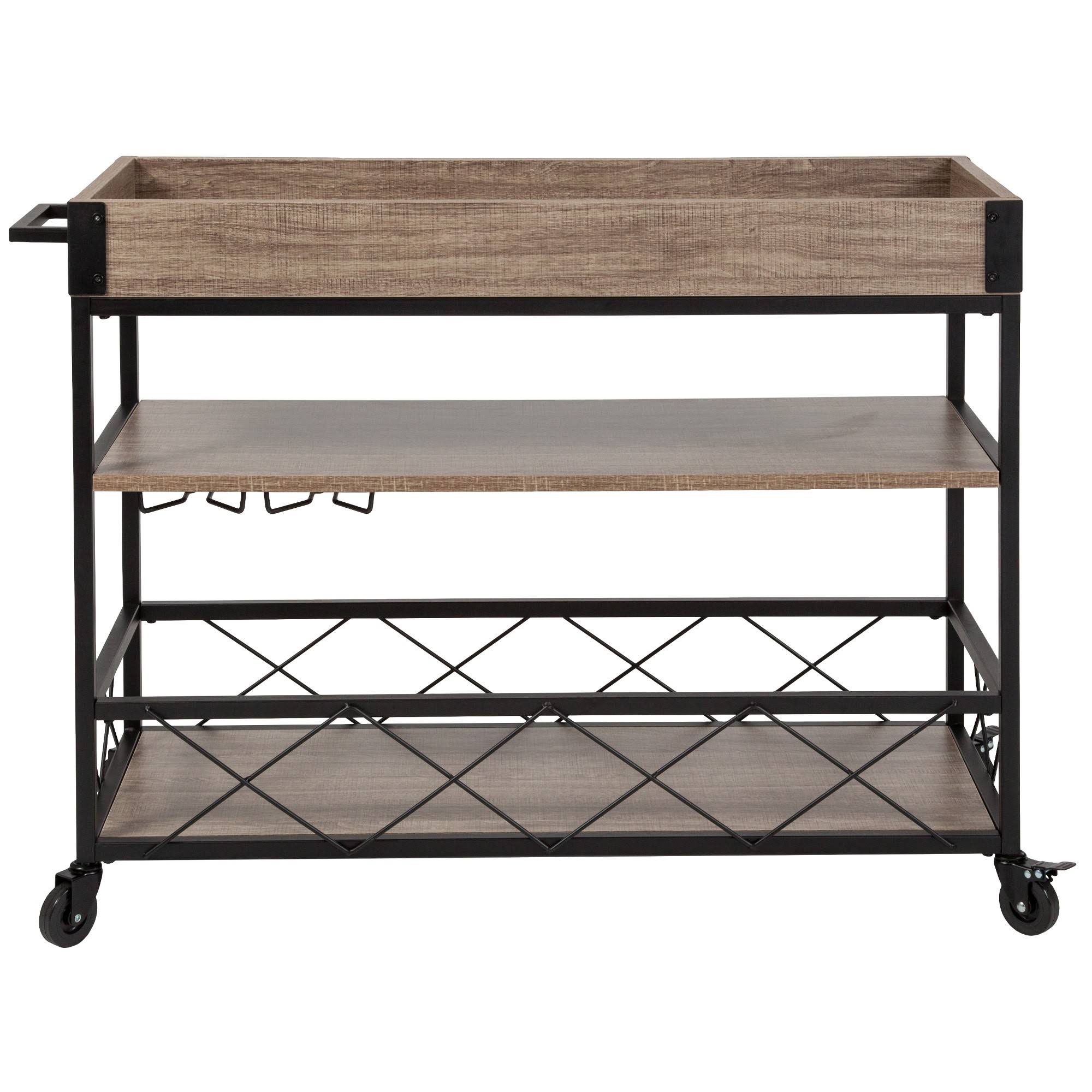 Emma and Oliver Light Oak Wood Kitchen Bar Cart, Stemware Rack and Locking Casters