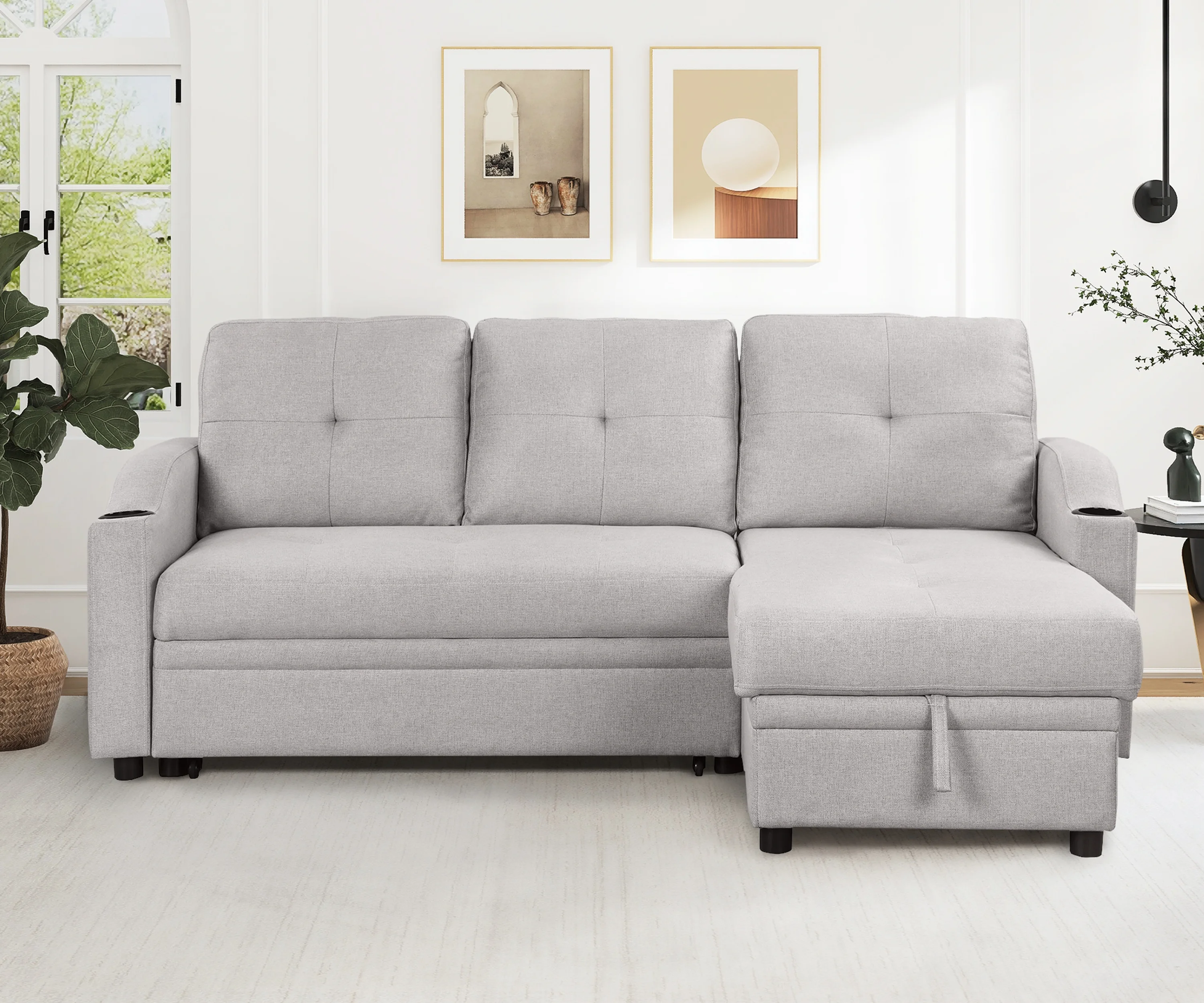 Euroco 80" Pull Out Sofa Bed L Shape Sofa with Storage Chaise and Cup Holder, Linen Fabric 3 Seater Couch, Gray