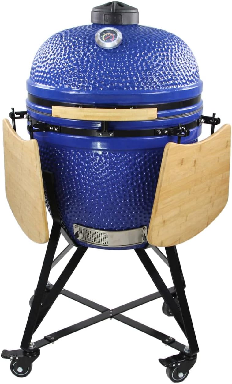 Humos - 21” Large Ceramic Kamado, Grill Cooker + Oven + Smoker (With Trolley, Wheels and Cast Iron Vent) Cooking Area 268 Sq Inches, Red