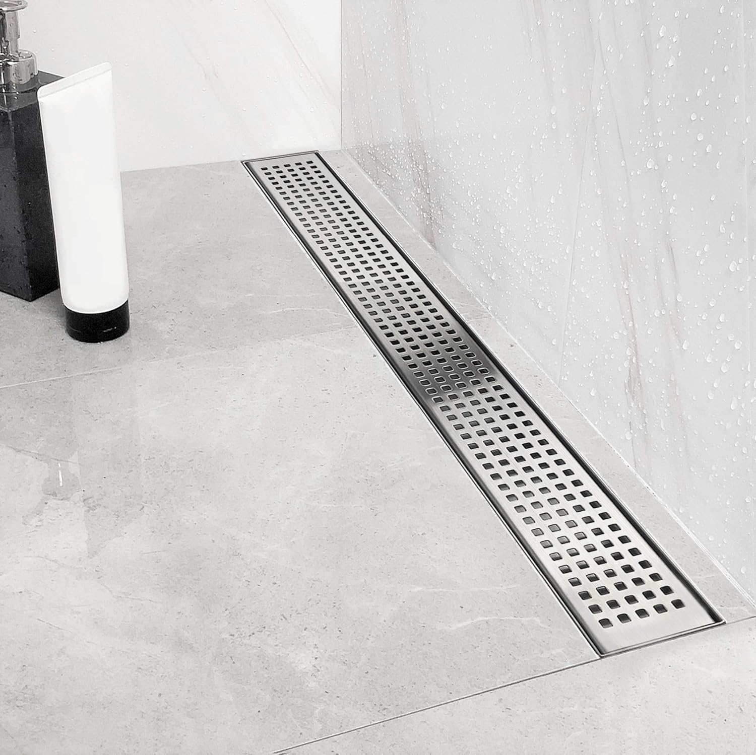 Neodrain 36-Inch Offset Side Outlet Linear Shower Drain with Quadrato Pattern Grate Cover, Brushed 304 Stainless Steel Rectangle Shower Floor Drain, with Leveling Foot, Hair Strainer catcher