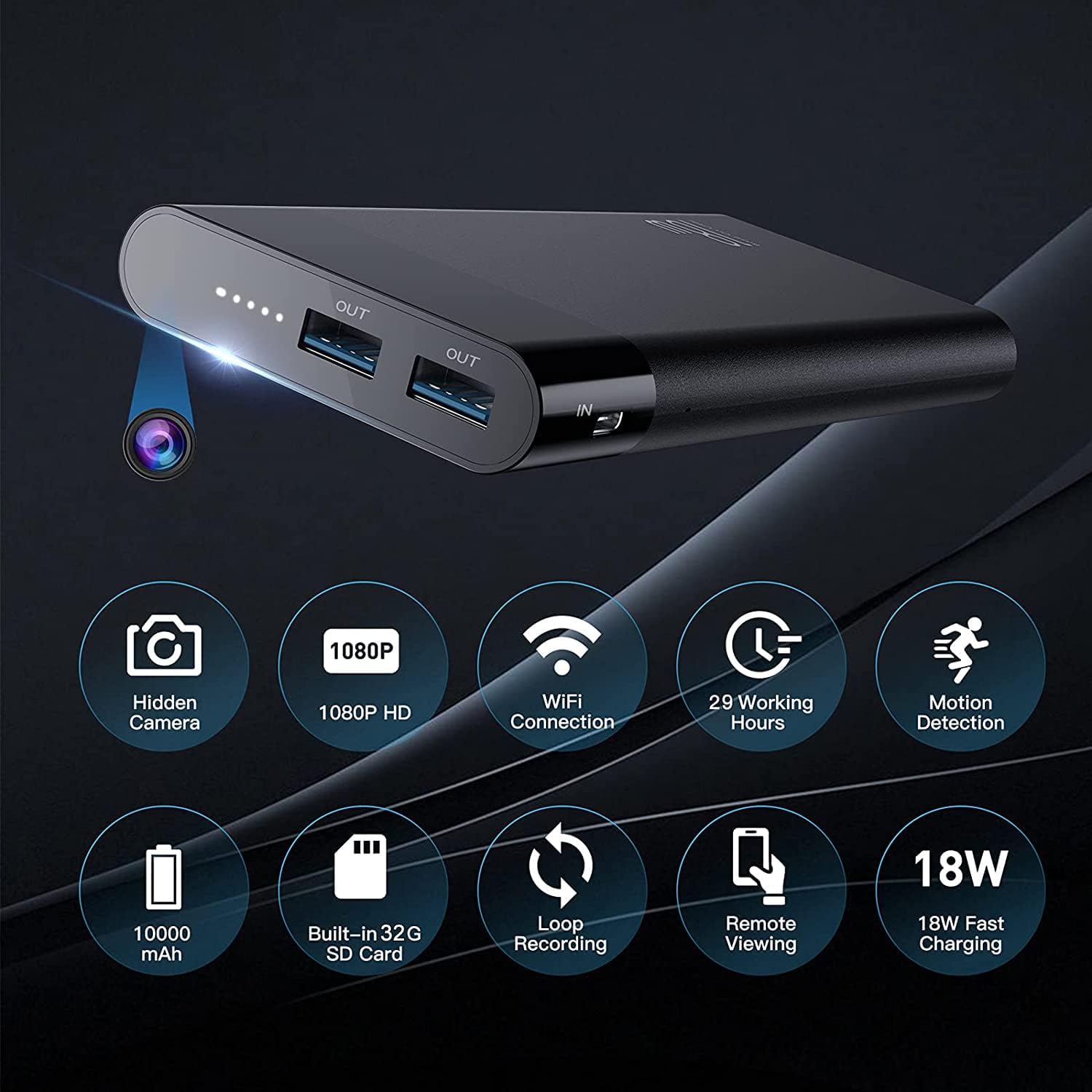 Portable Power Bank with 1080p Mini Camera Works with WiFi（2.4G only）, 29 Hours Long Recording No Audio Power Bank Camera, Supports Recording and Charging Meanwhile