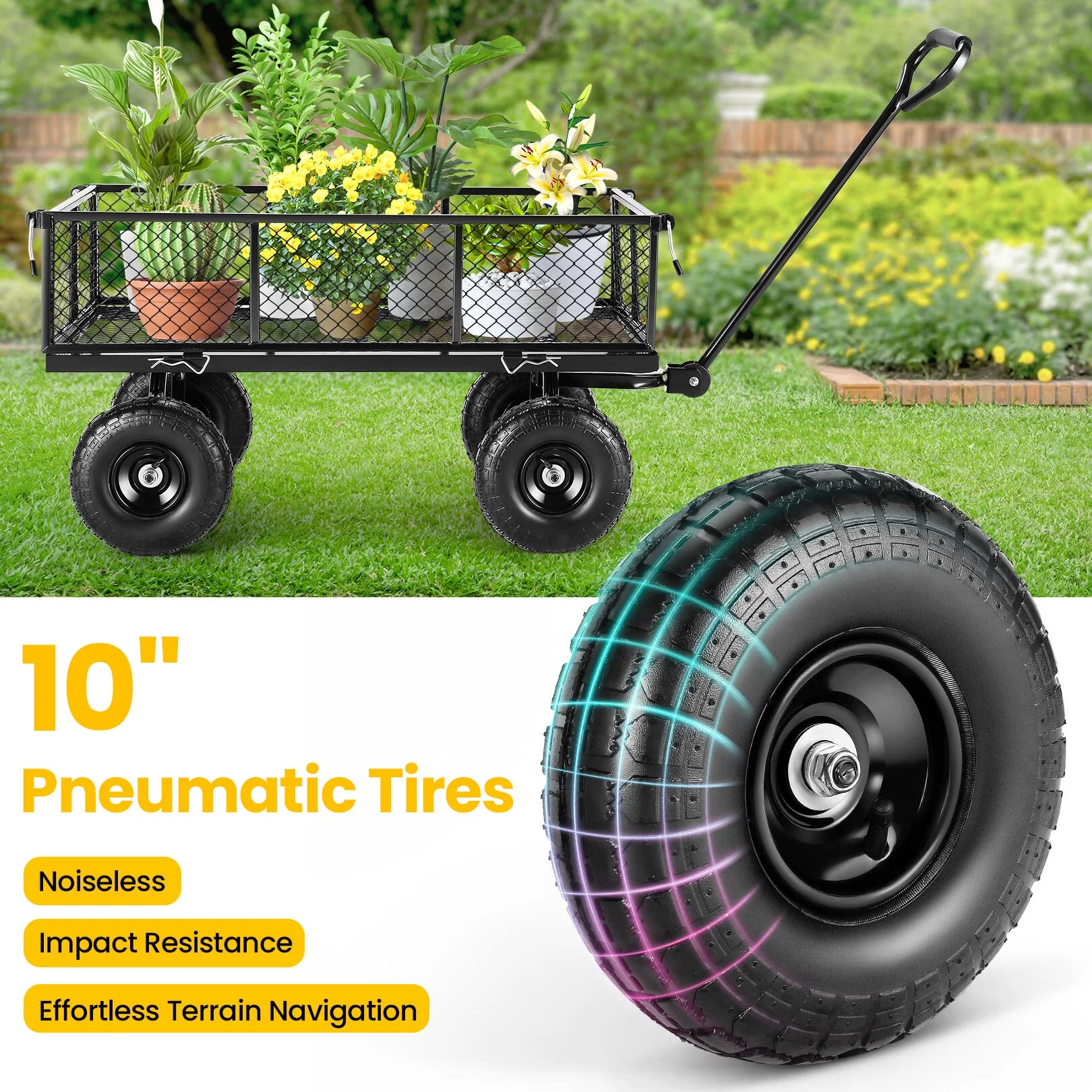 Funcid Steel Garden Cart, Heavy Duty 660 LBS Capacity, with Removable Mesh Sides to Convert into Flatbed, Utility Metal Wagon with 180° Rotating Handle and 10" Tires, Perfect for Garden, Farm, Yard