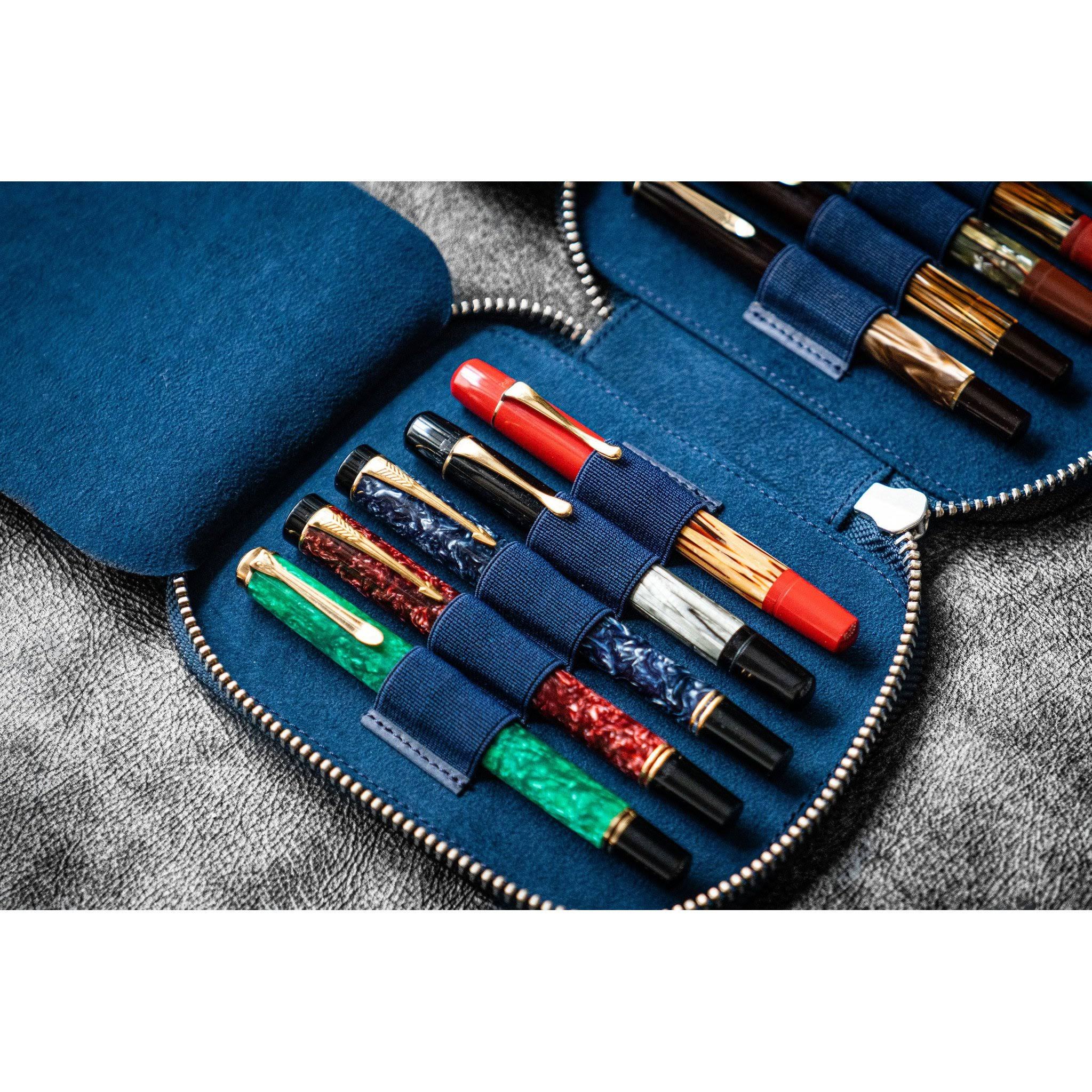 Galen Leather 10 Pen Zipper Case - Crazy Horse Navy Blue