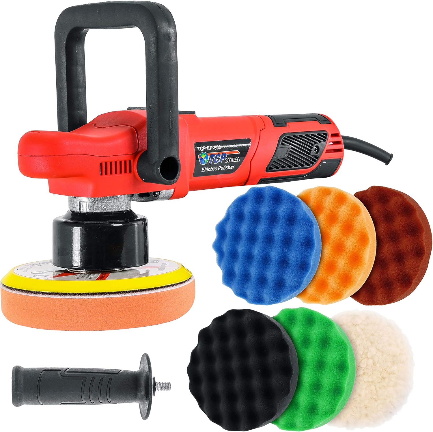 TCP Global Model EP-502-6" Variable Speed Random Orbit Dual-Action Polisher with a 6 Pad (Waffle Foam & Wool) Professional Buffing and Polishing Kit - Buff, Polish & Detail Car Auto Paint