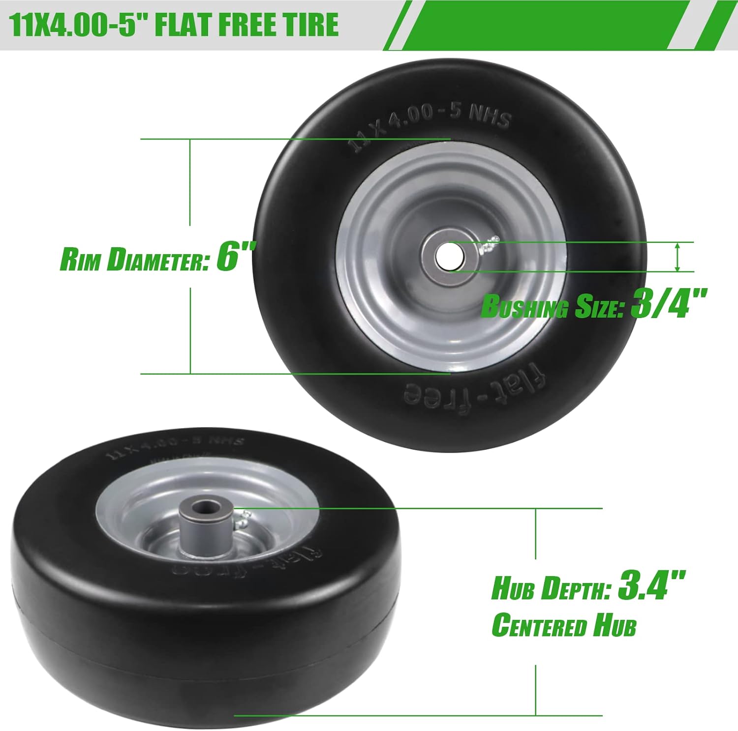 2 PCS 11x4.00-5" Flat Free Lawn Mower Tire on Wheel, 3/4" or 5/8" Bushing, 3.4"-4"-4.5 -5" Centered Hub, Universal Fit Smooth Tread Tire for Zero Turn Lawn Mowers, with Universal Adapter Kit