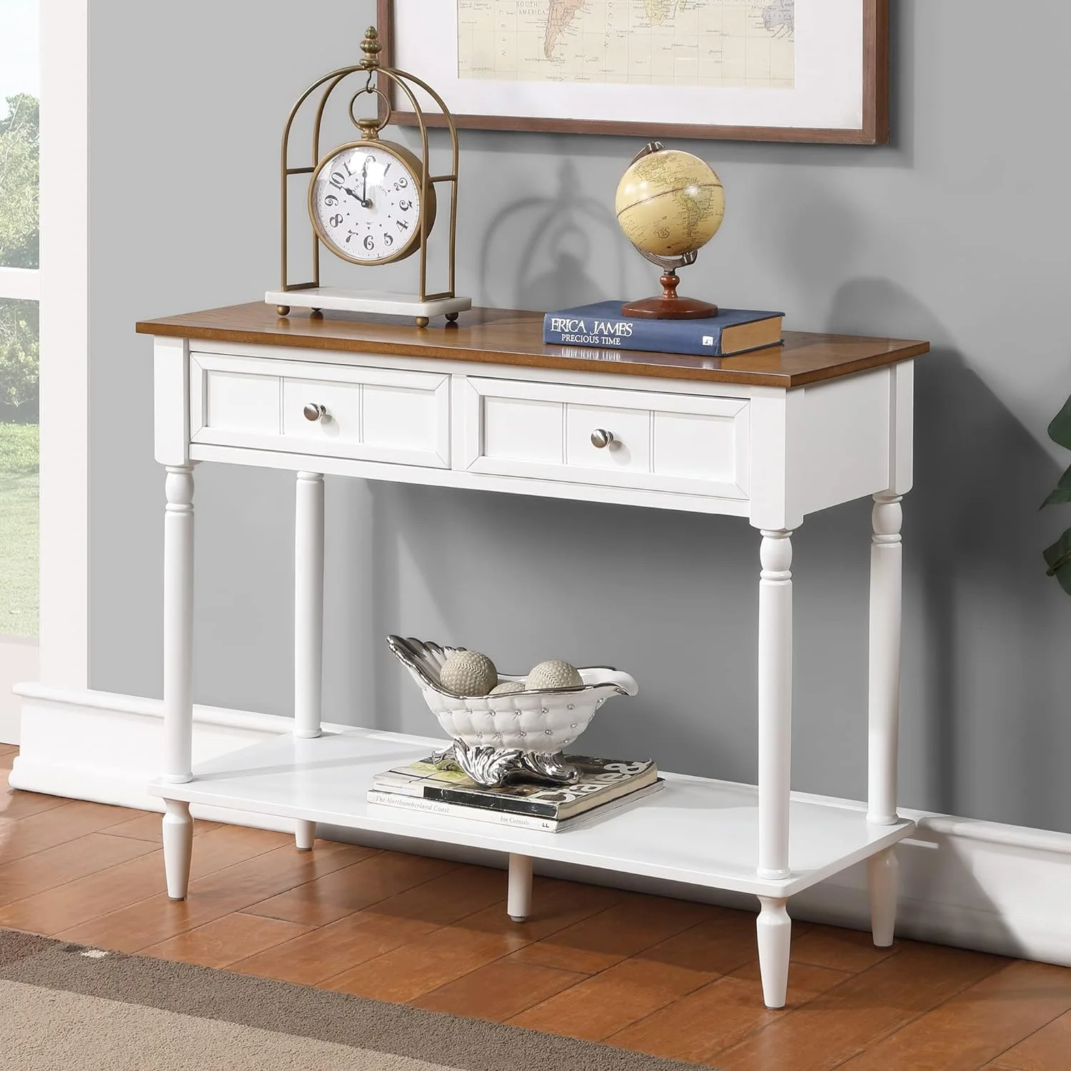 French Country 2 Drawer Hall Table With Shelf, Driftwood/White