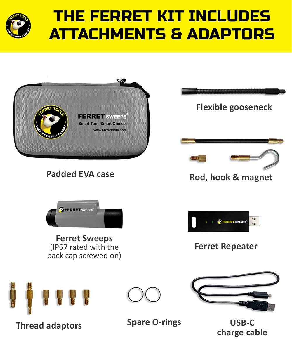 Ferret Sweeps Wireless Inspection Camera - WiFi Chimney Flue Camera with 720p HD, Digital Zoom & Variable Focus, Adjustable LED Lights, IP67 Rated, Chimney Tool with Free App & Rod adaptors