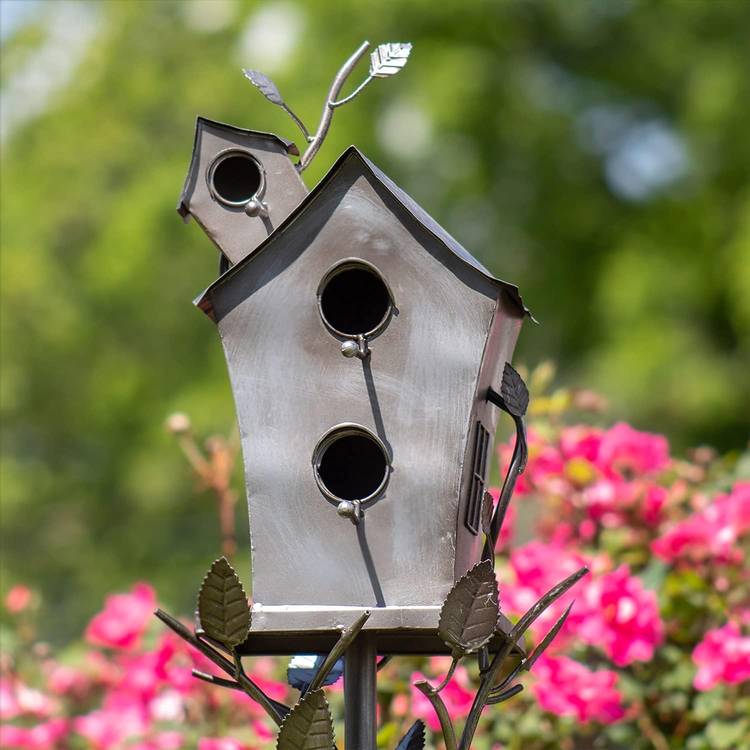 Zaer Ltd. Large Copper Colored Multi-Birdhouse Stakes, Room for 4 Bird Families in Each (Castle Home)