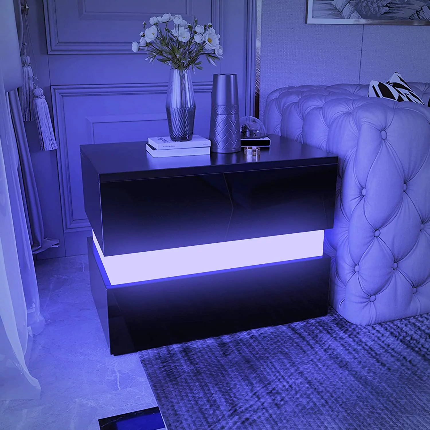 LED Nightstand Set of 2 with 2 Storage Drawers, Modern High Gloss Bedside Table with Led Lights, End Table for Bedroom Furniture, Black