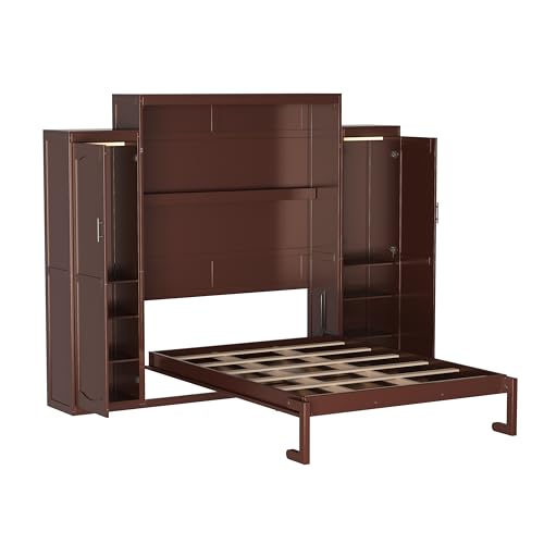 KLMM Wooden Murphy Bed Wall Bed with 2 Wardrobe and Storage Shelf,Foldable Platform Bedframe for Guest-Room Bedroom Study Office Use (White#E, Full)