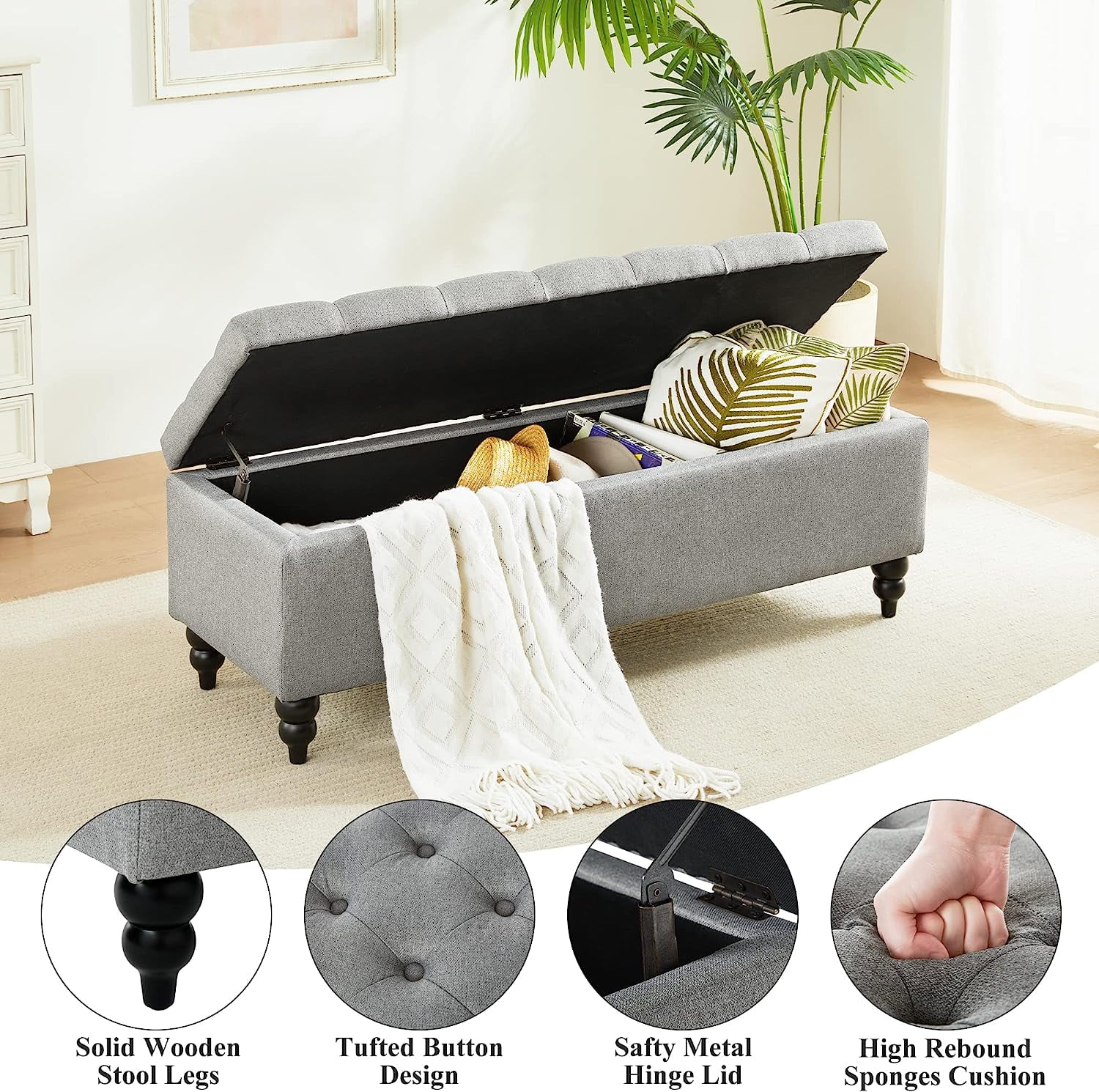 Storage Ottoman Bench, 50.2 Inches Upholstered Fabric Storage Ottoman Bench, Button Tufted Ottoman with Large Storage, End of Bed Bench, for Living Room, Entryway, Bedroom (Grey)