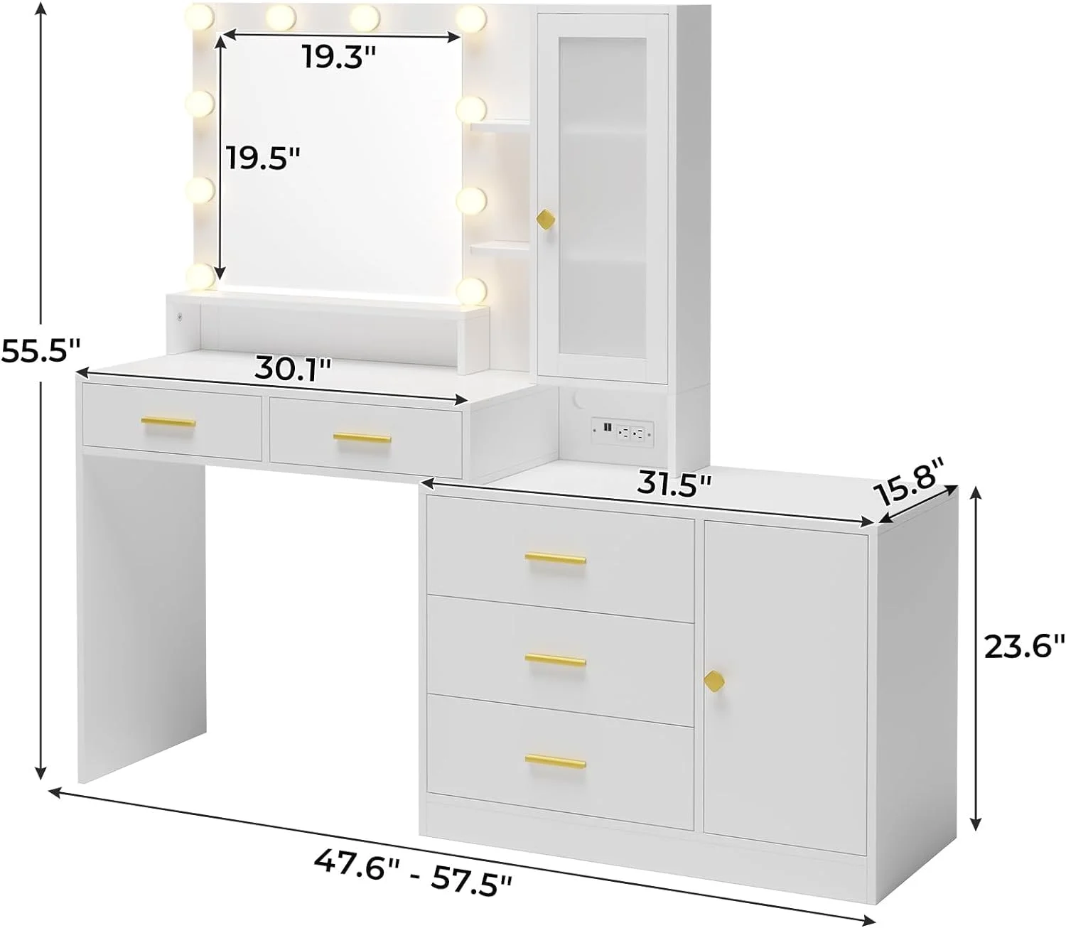 AOGLLATI Vanity Desk with Drawers & Storage Shelves,Makeup Table with Mirror and Ambient Light and Charging Station,White