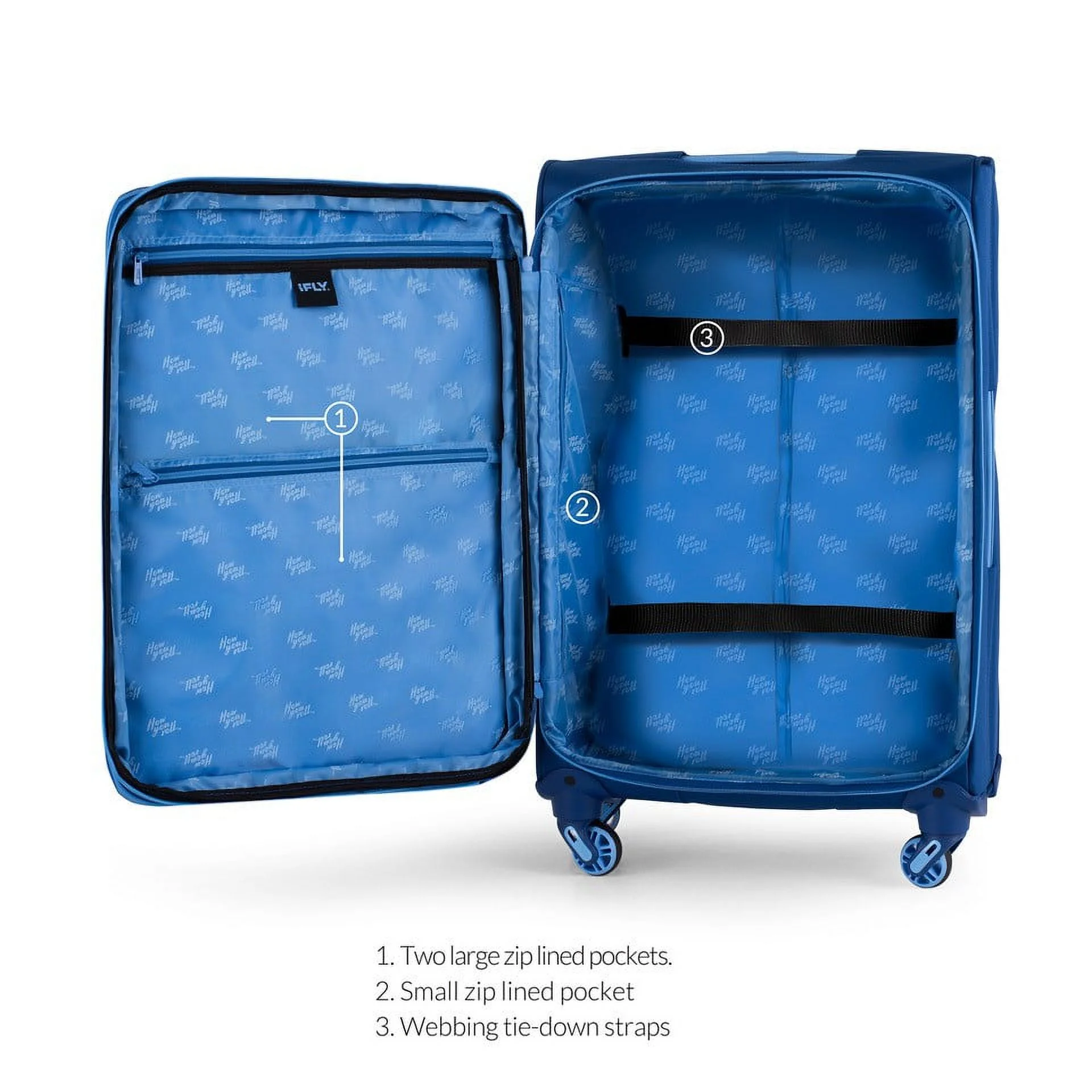 iFLY Softside Accent 3 Piece Set 4-Wheel Spinner, 20" Carry-on, 24" Checked Luggage and 28" Checked Luggage, Navy/Light Blue