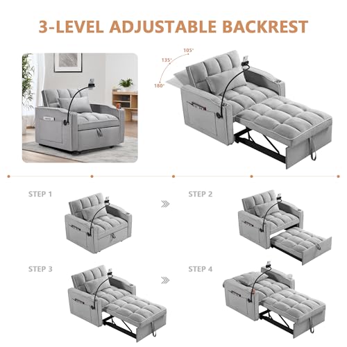 Setawix Convertible Chair Bed Sleeper, Tufted Velvet Pull Out Sleeper Chair with USB Ports & Phone Holder, Adjustable Backrest Armchair with Cup Holder Sofa Chair for Bedroom Living Room, Black