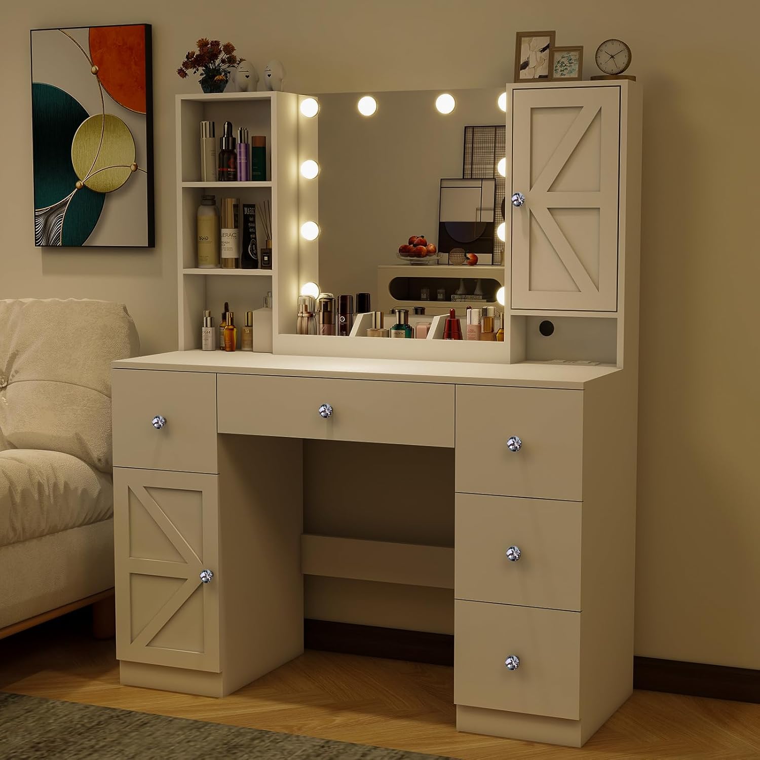 45" Makeup Vanity Desk with Lighted Mirror & Jewelry Cabinet, Big Vanity with 3 Storage Shelves, 5 Drawers, 3 Cubbies, 2 Cabinets &Charging Station for Bedroom, Large Dressing Table,White